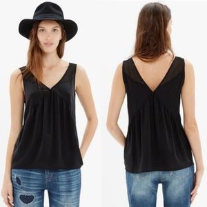 Madewell V Neck Silk Black Tank Top Semi Sheer Panels at Neckline Size Small